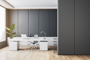 Modern gray office interior with blank mock up place on wall. 3D Rendering.