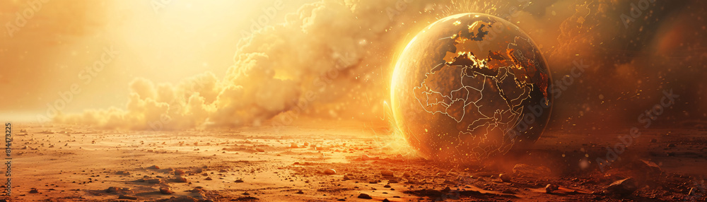 Poster a futuristic and unreal representation of a globe cracking under extreme heat, symbolizing global bo