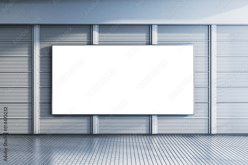 Poster Empty gray linear blinds gallery wall with white mock up banner. Museum concept. 3D Rendering.