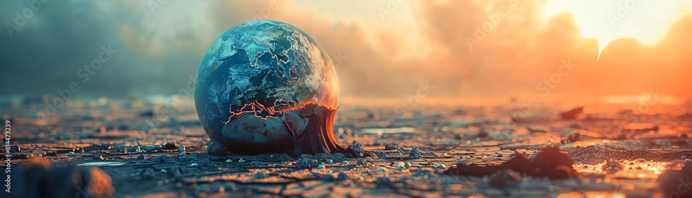 Poster a futuristic and unreal representation of a globe cracking under extreme heat, symbolizing global bo