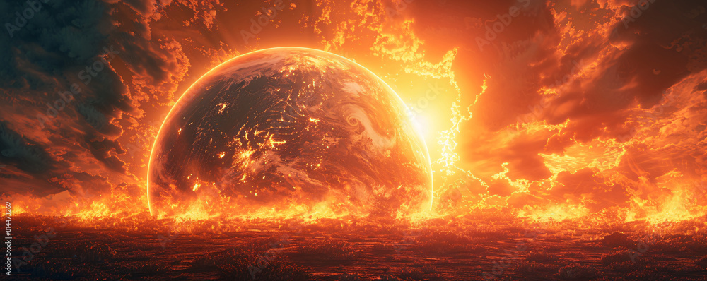 Poster a surreal landscape depicting the earth with exaggerated, intense heat waves radiating from its surf
