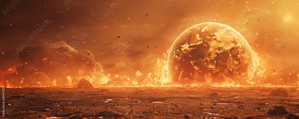 Poster a surreal landscape depicting the earth with exaggerated, intense heat waves radiating from its surf