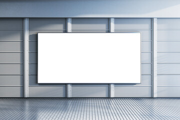 Empty gray linear blinds gallery wall with white mock up banner. Museum concept. 3D Rendering.