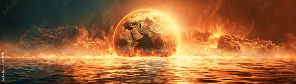 Poster a surreal landscape depicting the earth with exaggerated, intense heat waves radiating from its surf