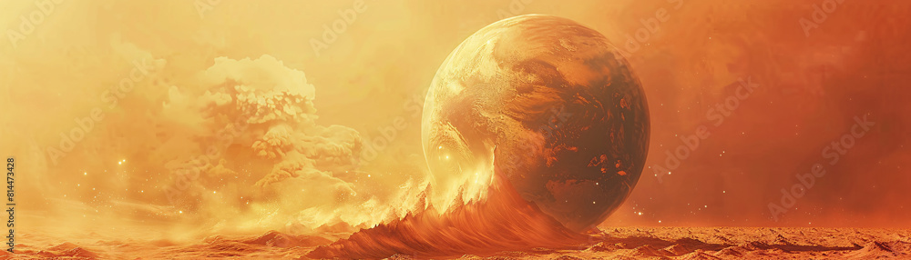 Poster a surreal landscape depicting the earth with exaggerated, intense heat waves radiating from its surf
