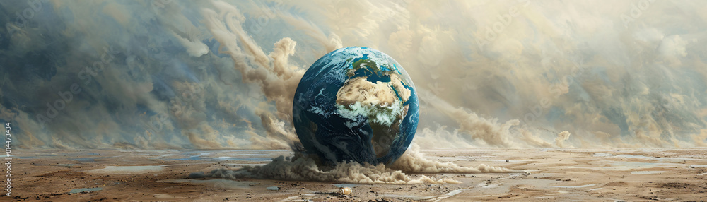 Poster a surreal landscape depicting the earth with exaggerated, intense heat waves radiating from its surf