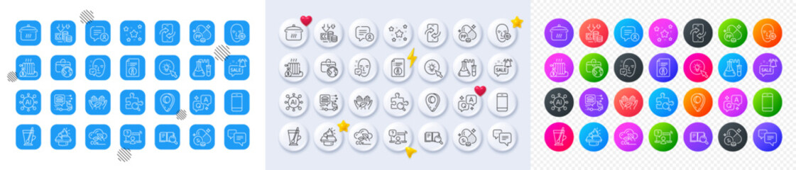 Face accepted, Chemistry lab and Online question line icons. Square, Gradient, Pin 3d buttons. AI, QA and map pin icons. Pack of Fair trade, Co2 gas, Radiator icon. Vector