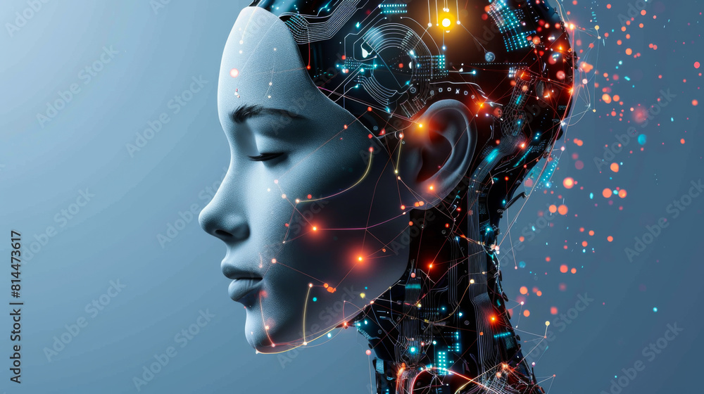 Poster a woman's face is shown with a computer chip in her head. the image is a representation of the futur