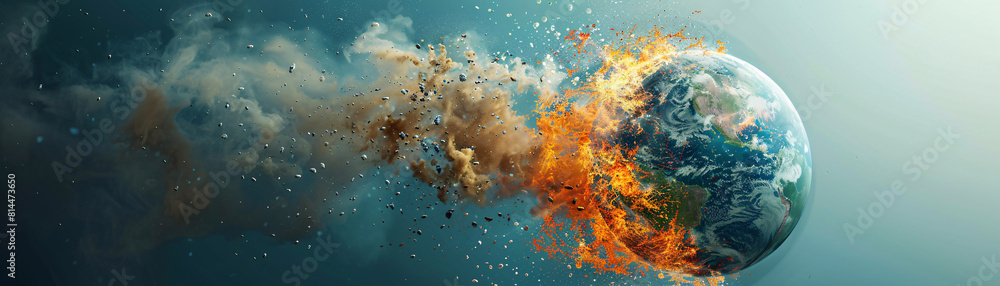 Poster an abstract depiction of the planet earth with parts of it appearing to boil away, set against a cle