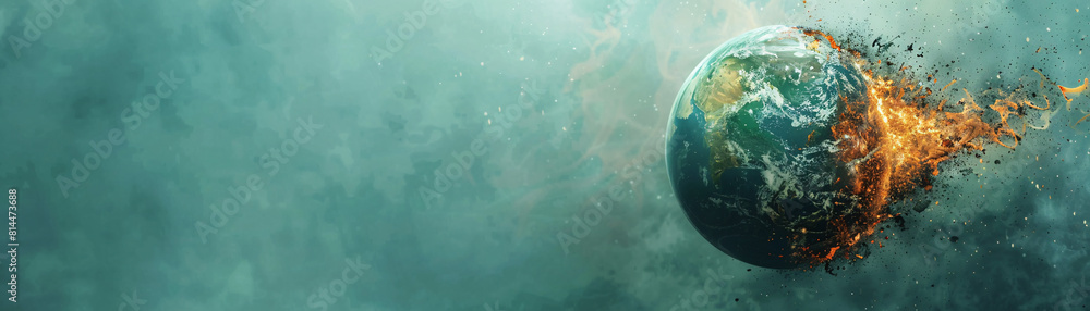 Poster an abstract depiction of the planet earth with parts of it appearing to boil away, set against a cle