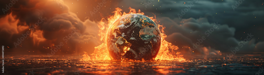 Poster an unreal image of the earth with boiling oceans and fiery landscapes, depicted in a minimalistic st