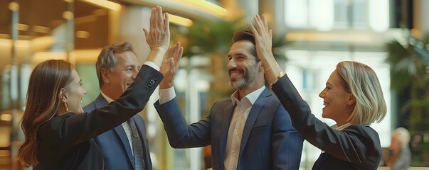Legal Team Celebrates Major Victory with High Fives in Firm Lobby Business Success and Achievement Concept