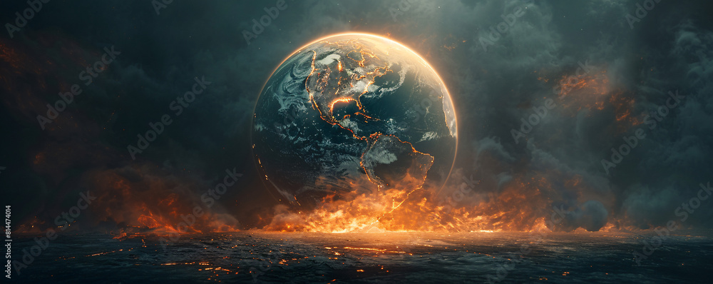 Poster an unreal image of the earth with boiling oceans and fiery landscapes, depicted in a minimalistic st