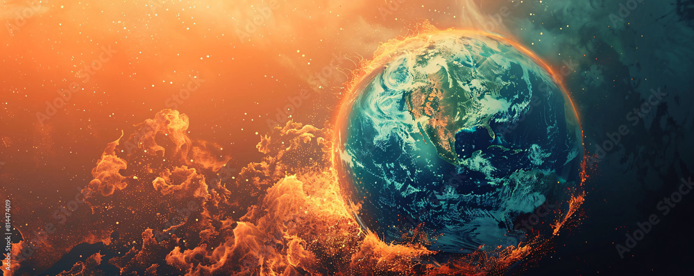 Poster an unreal image of the earth with boiling oceans and fiery landscapes, depicted in a minimalistic st