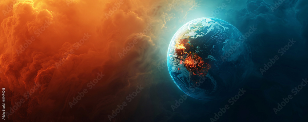 Poster an unreal image of the earth with boiling oceans and fiery landscapes, depicted in a minimalistic st