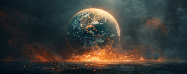 An unreal image of the Earth with boiling oceans and fiery landscapes, depicted in a minimalistic style with extensive copy space. The visual metaphor of global boiling is strikingly clear,