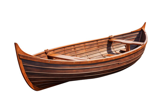 The image shows a wooden boat with two oars. The boat is painted brown and has a white interior. The boat is sitting on a calm lake surrounded by trees.
