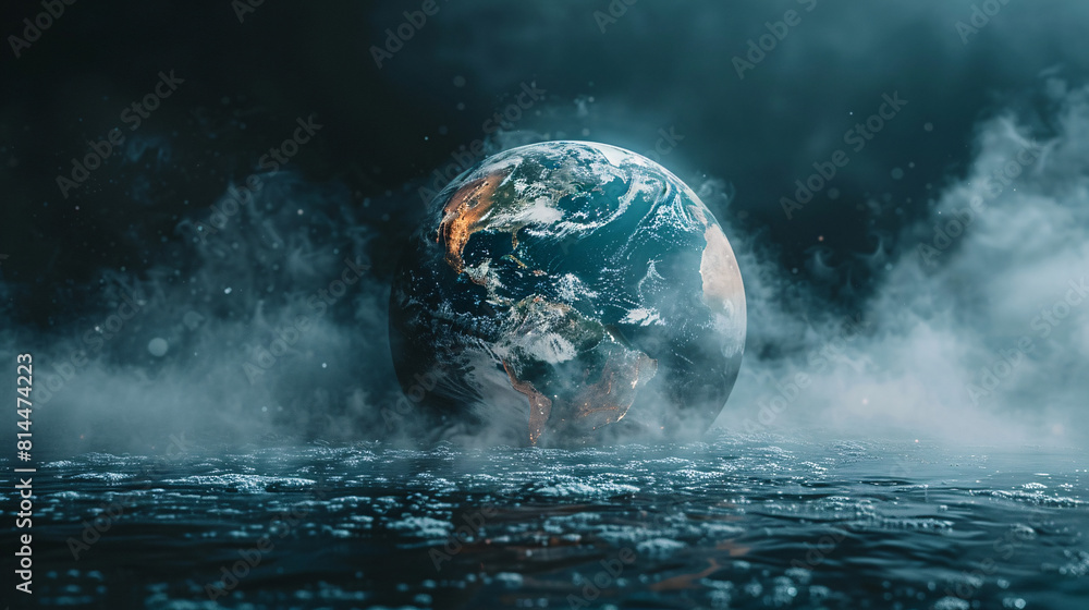 Poster in an unreal, dreamlike setting, a melting earth is depicted with steam rising around it, evoking th