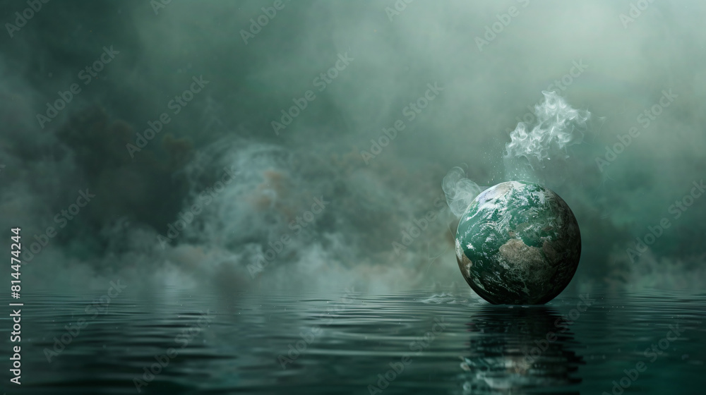 Poster in an unreal, dreamlike setting, a melting earth is depicted with steam rising around it, evoking th