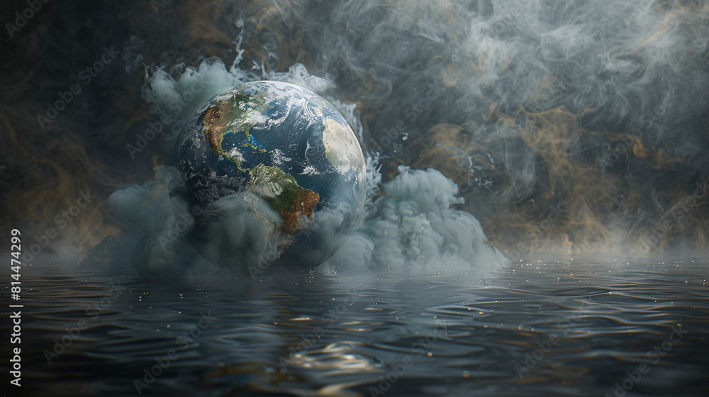 Poster in an unreal, dreamlike setting, a melting earth is depicted with steam rising around it, evoking th