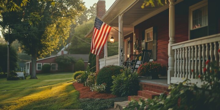 A flag is hanging on a porch of a house