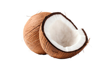 This is a photo of a coconut. The coconut is brown and has a white interior. The coconut is cracked in half and you can see the white meat inside.