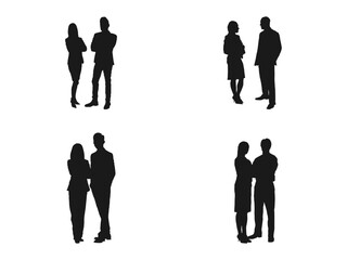 young business man And business woman standing silhouettes. Business men and women, group of people at work. Isolated vector silhouette. business people, black color, isolated on white background.