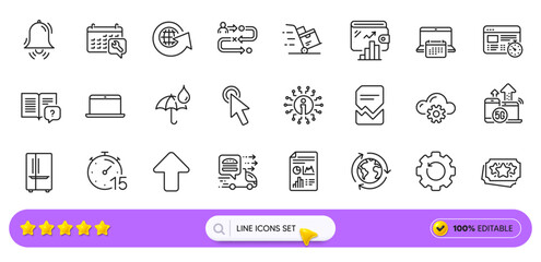 Outsourcing, Web timer and Report document line icons for web app. Pack of Cloud computing, Delivery cart, Laptop pictogram icons. Recovery gear, 5g internet, Calendar signs. Upload. Vector