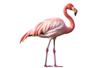 Obraz premium A beautiful pink flamingo standing on one leg in the water, with a blurred background.