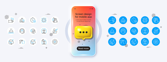 Phone mockup with 3d chat icon. Apartment insurance, Vaccine protection and Wash hands line icons. Pack of Medicine, Vaccination appointment, Quarantine icon. Vector