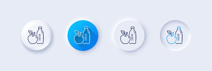 Healthy food and drink line icon. Neumorphic, Blue gradient, 3d pin buttons. Water with apple sign. Gym fit bottle symbol. Line icons. Neumorphic buttons with outline signs. Vector