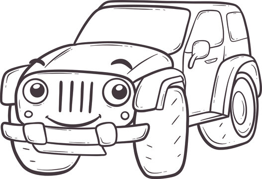 recommend clip art: outline cartoon jeep car with a smiling face