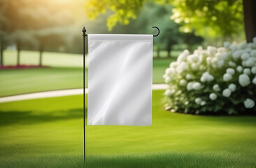 Blank garden flag on green grass on the park background. Garden flag mockup