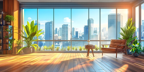 Great city view from big lattice window of office with plants and chair spacious hall with wooden floor.