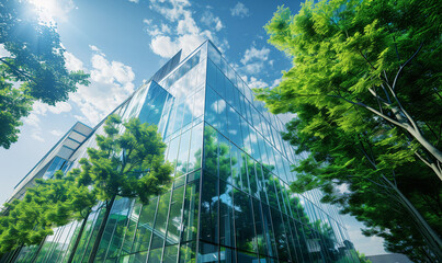 Modern ecological architecture in the city center. A glass office building with vegetation that supports the reduction of CO2 emissions.