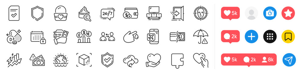 Payment methods, Disaster and Puzzle line icons pack. Social media icons. Volunteer, Face detect, 24h service web icon. Flight mode, Buying accessory, Fraud pictogram. Vector