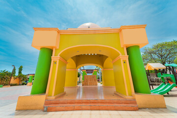 Colorful monument of Nagarote central park. Beautiful architectural construction of the traditional park of Nagarote, Nicaragua