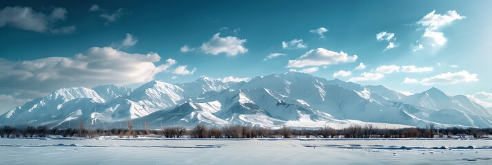 Landscape with a view of the winter snowy mountains against the blue sky on a bright day, close-up realistic nature and landscape