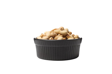 PNG, pistachios in a plate, isolated on white background.