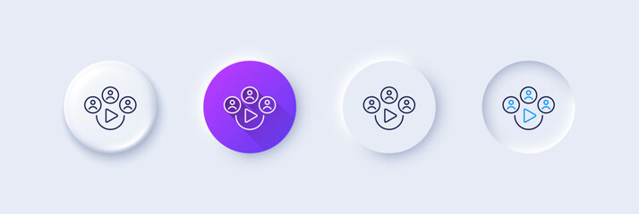 Video conference line icon. Neumorphic, Purple gradient, 3d pin buttons. Online meeting sign. Video teamwork symbol. Line icons. Neumorphic buttons with outline signs. Vector