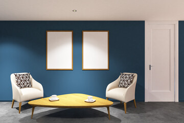 3d render of hallway interior, side the door there is armchairs, table and frame mock up. Cement tile floor, blue wall and white ceiling. Set 2