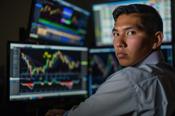 A Young Hispanic Businessman Monitoring Computer Screens of Colorful Financial Charts and Graphs