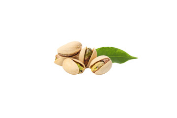 PNG, pistachios in shell with leaves, isolated on white background.