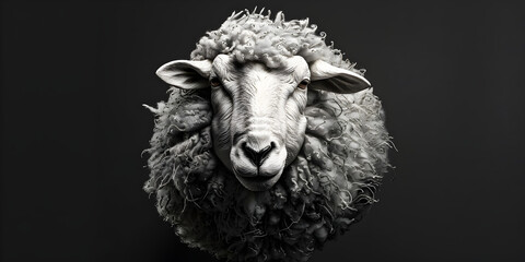 White sheep stand on dark background and looking on the front of camera.