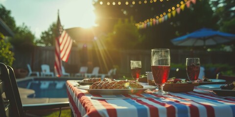 A table with a red, white, and blue tablecloth and a plate of food