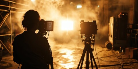 Fototapeta premium A woman is filming a scene in a studio with a camera and a tripod