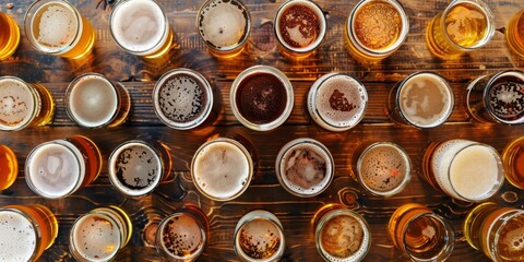 A row of beer glasses on a wooden table