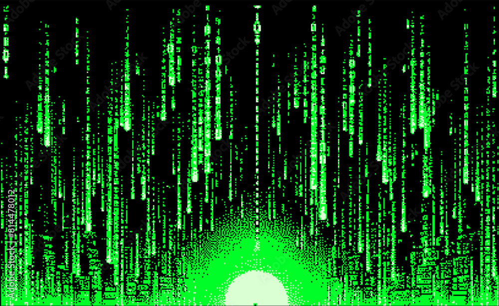 Aufkleber distorted collapsing green pixels on a dark background. vector illustration in 8-bit glitch art styl