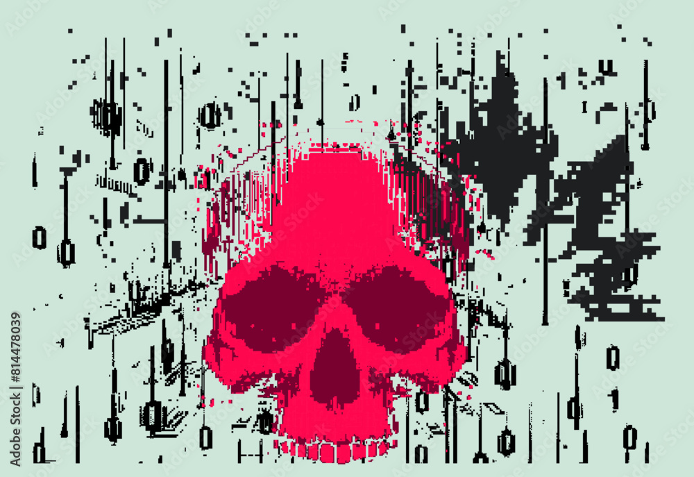 Poster red skull on a glitchy pixelated background. the concept of cybersecurity and malware.