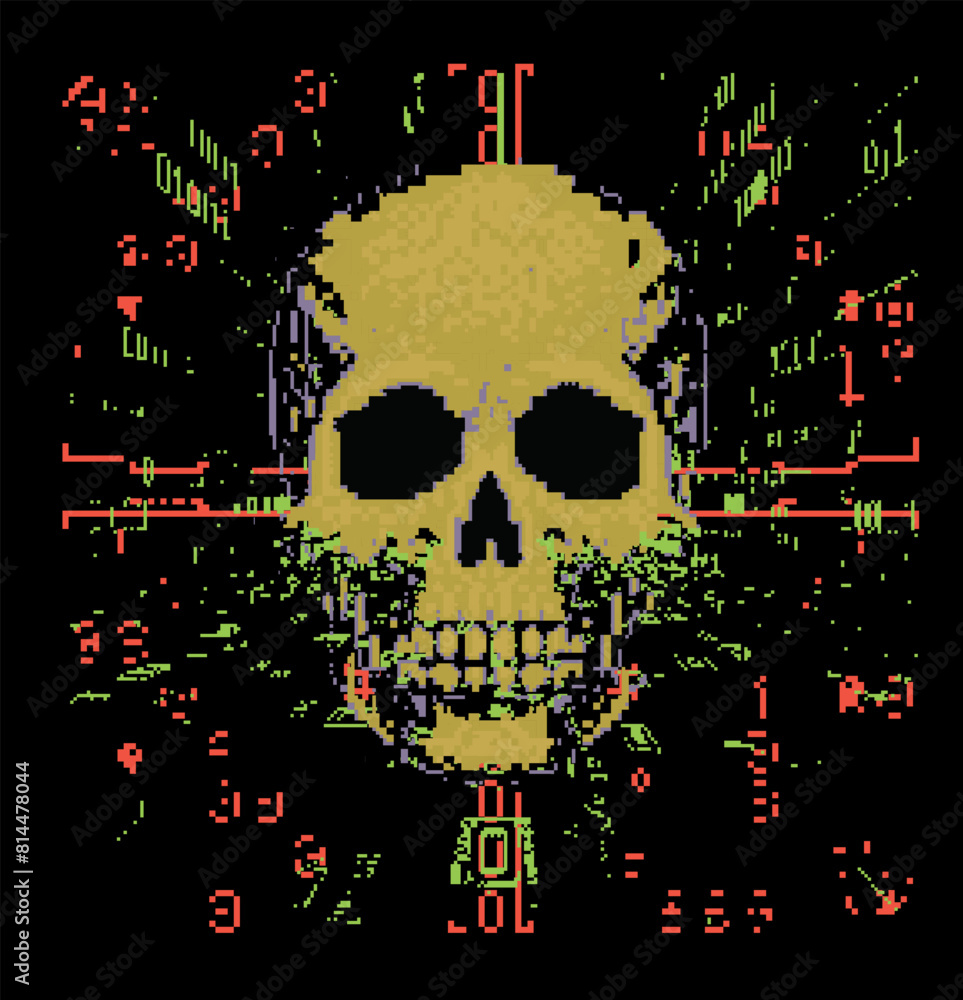 Poster skull on a glitchy pixelated black background. the concept of cybersecurity and malware.
